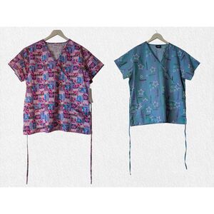 Women’s Plus Size Scrub Tops Lot 1X Amanda Absolute Wrap Print Medical